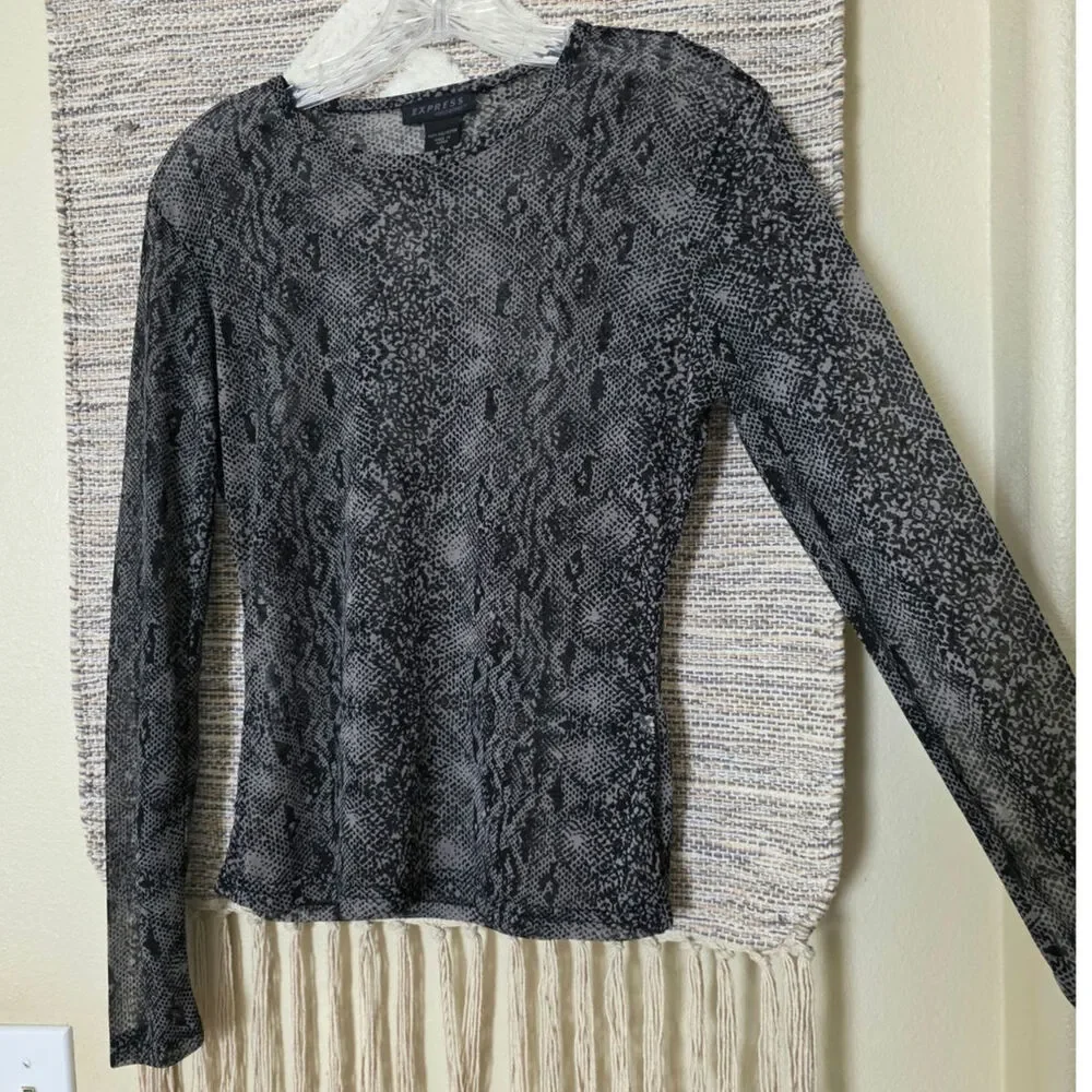 Express Women's Sheer Snake Print Mesh Top Size S Gray Black Long Sleeve Y2K